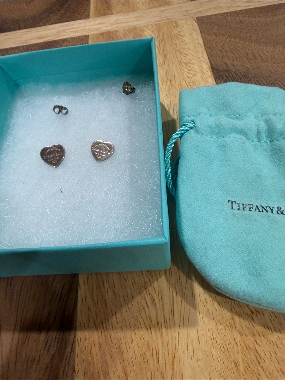 Tiffany & Co. Silver Heart Stud Earrings with Tiffany Blue Pouch